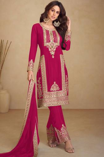Pink embroidery & sequins work chinnon straight pant suit-free size stitching (size upto 42")