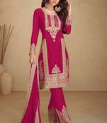 Pink embroidery & sequins work chinnon straight pant suit-free size stitching (size upto 42")
