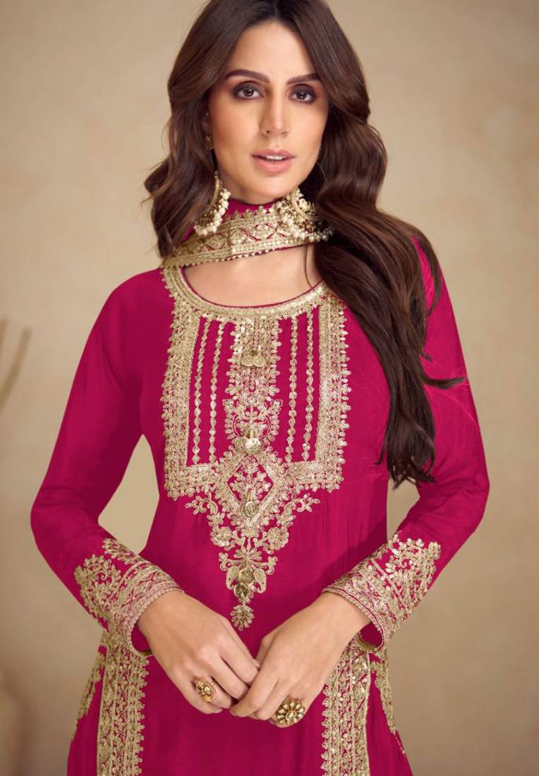 Pink embroidery & sequins work chinnon straight pant suit-free size stitching (size upto 42")