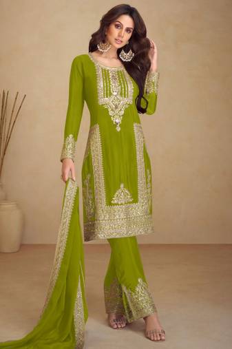 Green embroidery & sequins work chinnon straight pant suit-free size stitching (size upto 42")