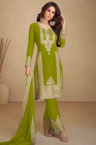 Green embroidery & sequins work chinnon straight pant suit-free size stitching (size upto 42")