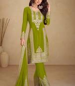 Green embroidery & sequins work chinnon straight pant suit-free size stitching (size upto 42")