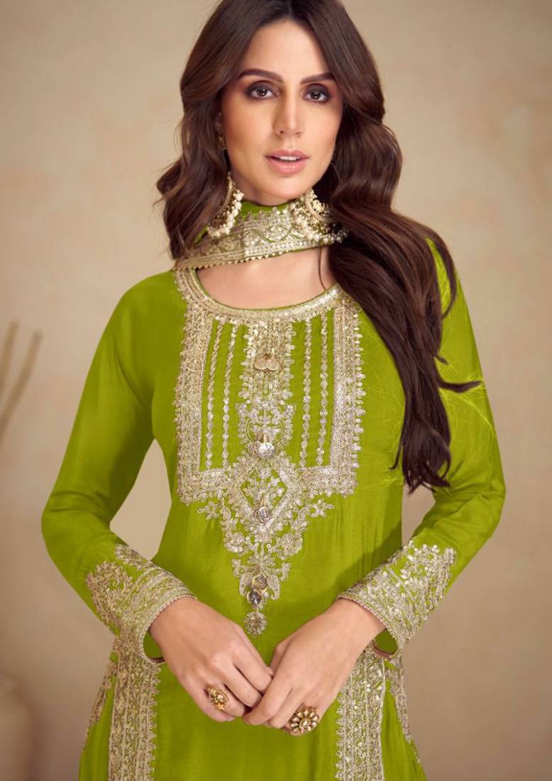 Green embroidery & sequins work chinnon straight pant suit-free size stitching (size upto 42")