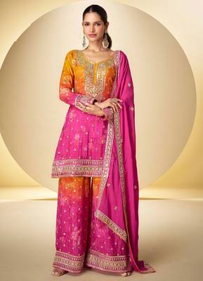 Mustard & pink embroidery sequins digital print chinnon silk anarkali lehenga suit-free size stitching(size upto 42") 1
