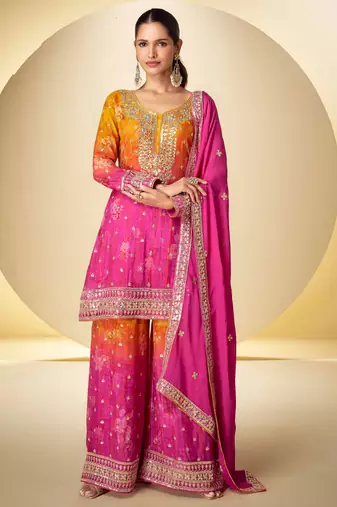 Mustard & pink embroidery sequins digital print chinnon silk anarkali lehenga suit-free size stitching(size upto 42")