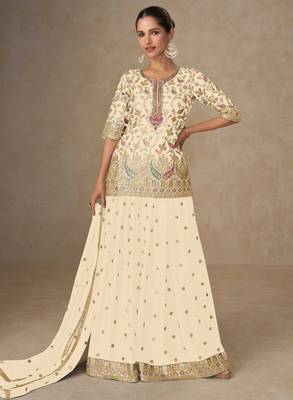 Cream tread embroidery zari, & sequins work chinnon silk straight palazzo suit-free size stitching (size upto 42") 1
