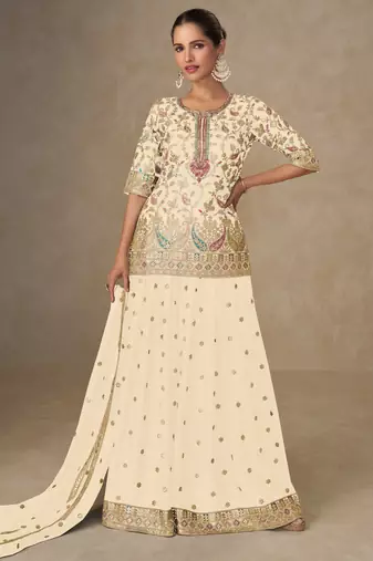 Cream tread embroidery zari, & sequins work chinnon silk straight palazzo suit-free size stitching (size upto 42")