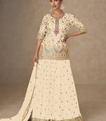 Cream tread embroidery zari, & sequins work chinnon silk straight palazzo suit-free size stitching (size upto 42")