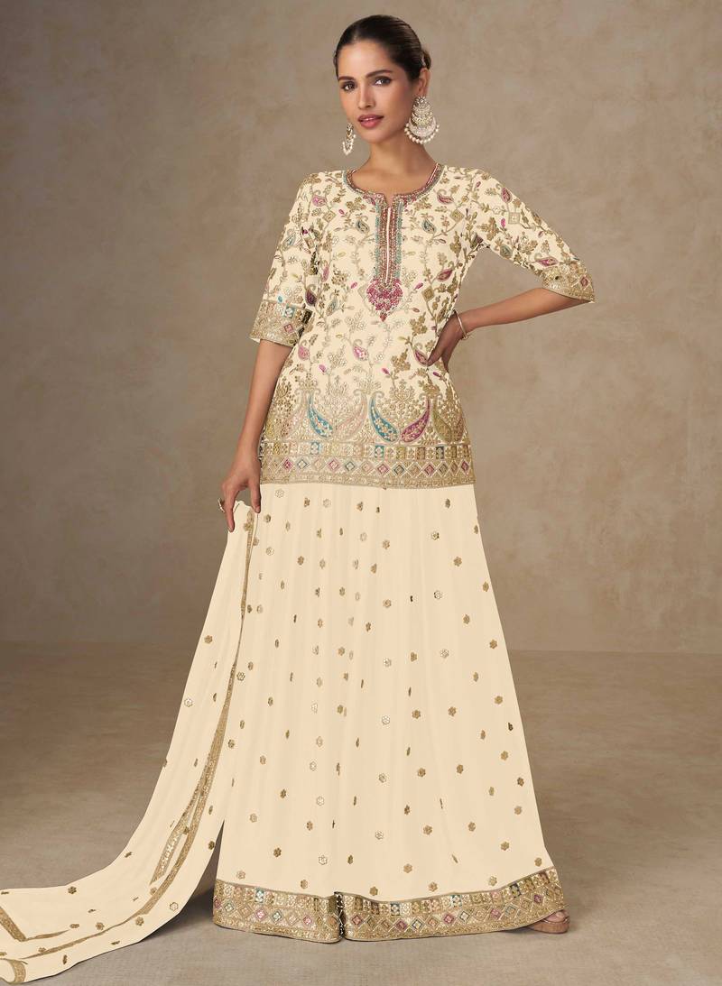 Cream tread embroidery zari, & sequins work chinnon silk straight palazzo suit-free size stitching (size upto 42")