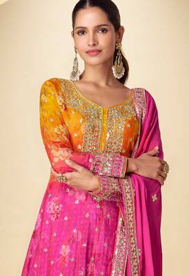 Mustard & pink embroidery sequins digital print chinnon silk anarkali lehenga suit-free size stitching(size upto 42") 2