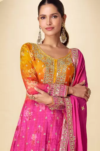 Mustard & pink embroidery sequins digital print chinnon silk anarkali lehenga suit-free size stitching(size upto 42")