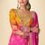 Mustard & pink embroidery sequins digital print chinnon silk anarkali lehenga suit-free size stitching(size upto 42")