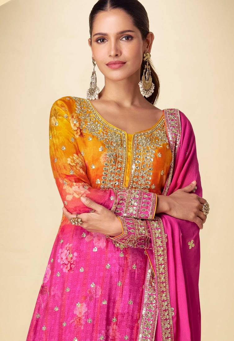 Mustard & pink embroidery sequins digital print chinnon silk anarkali lehenga suit-free size stitching(size upto 42")