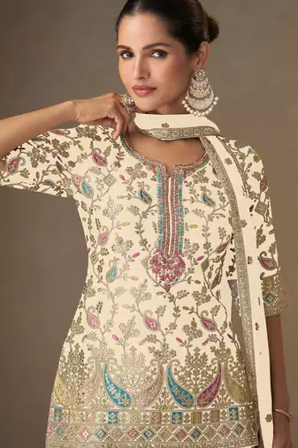 Cream tread embroidery zari, & sequins work chinnon silk straight palazzo suit-free size stitching (size upto 42")