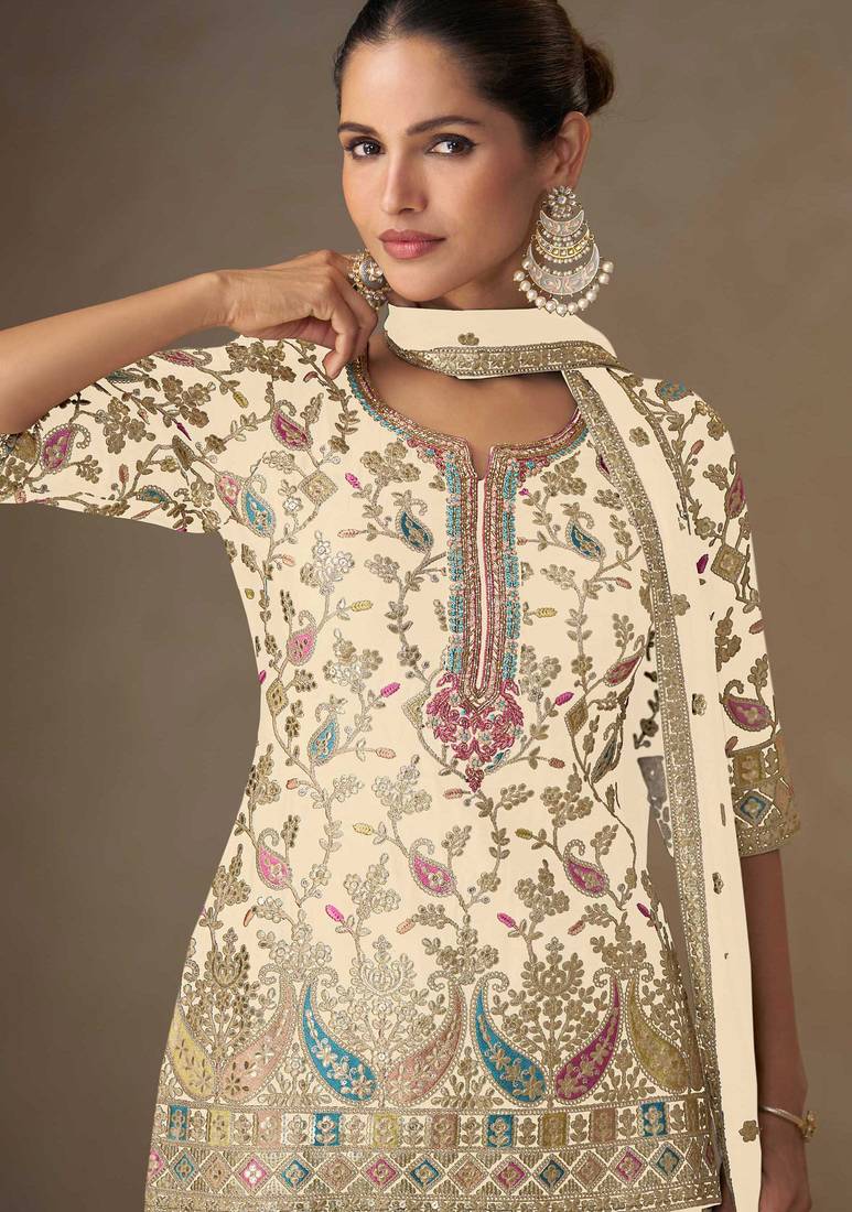 Cream tread embroidery zari, & sequins work chinnon silk straight palazzo suit-free size stitching (size upto 42")