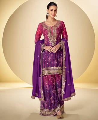 Purple & pink embroidery sequins digital print chinnon silk anarkali lehenga suit-free size stitching (size upto 42") 1