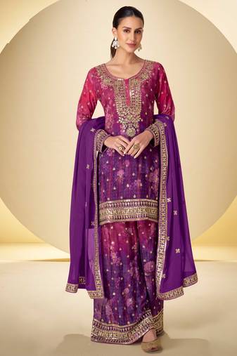 Purple & pink embroidery sequins digital print chinnon silk anarkali lehenga suit-free size stitching (size upto 42")
