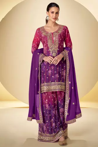 Purple & pink embroidery sequins digital print chinnon silk anarkali lehenga suit-free size stitching (size upto 42")