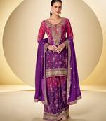 Purple & pink embroidery sequins digital print chinnon silk anarkali lehenga suit-free size stitching (size upto 42")
