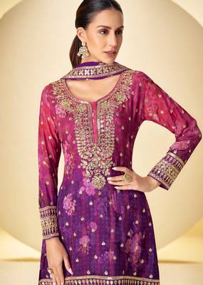 Purple & pink embroidery sequins digital print chinnon silk anarkali lehenga suit-free size stitching (size upto 42") 2