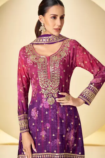 Purple & pink embroidery sequins digital print chinnon silk anarkali lehenga suit-free size stitching (size upto 42")