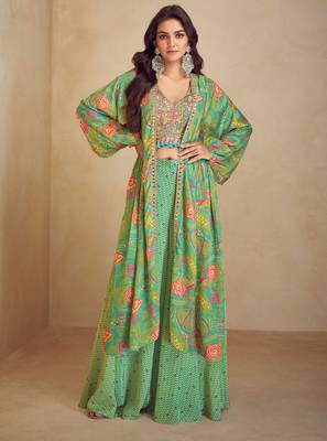 Green embroidered work & digital print chinnon silk blouse palazzo suit with jacket-free size stitching (size upto 42") 1