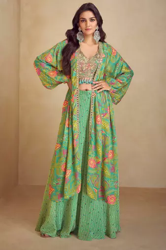 Green embroidered work & digital print chinnon silk blouse palazzo suit with jacket-free size stitching (size upto 42")