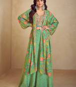 Green embroidered work & digital print chinnon silk blouse palazzo suit with jacket-free size stitching (size upto 42")