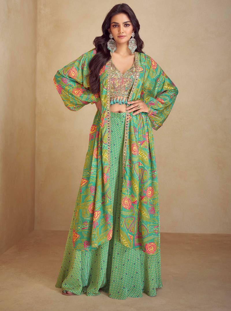 Green embroidered work & digital print chinnon silk blouse palazzo suit with jacket-free size stitching (size upto 42")