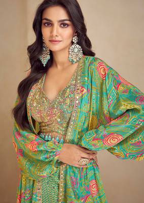 Green embroidered work & digital print chinnon silk blouse palazzo suit with jacket-free size stitching (size upto 42") 2