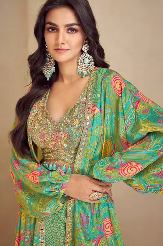 Green embroidered work & digital print chinnon silk blouse palazzo suit with jacket-free size stitching (size upto 42")