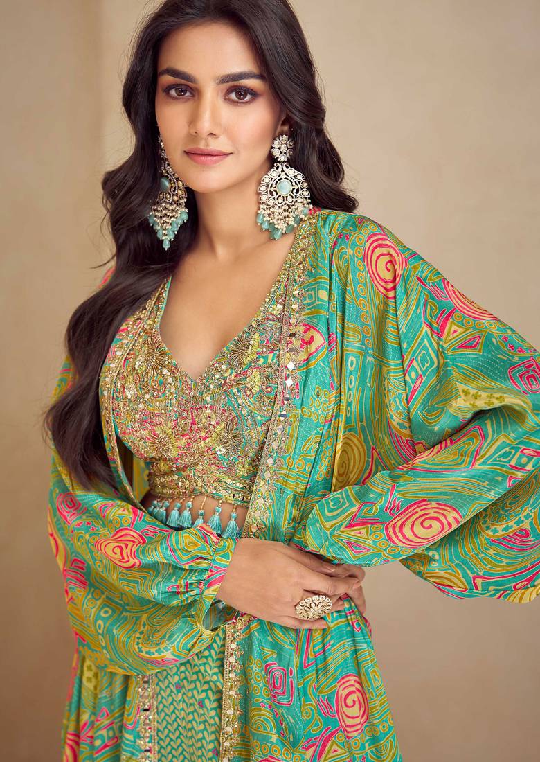 Green embroidered work & digital print chinnon silk blouse palazzo suit with jacket-free size stitching (size upto 42")