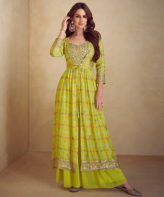 Yellow embroidered & digital print chinnon silk blouse palazzo suit with jacket-free size stitching (size upto 42") 1