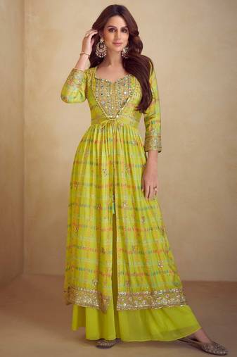 Yellow embroidered & digital print chinnon silk blouse palazzo suit with jacket-free size stitching (size upto 42")