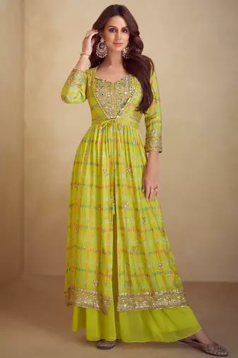 Yellow embroidered & digital print chinnon silk blouse palazzo suit with jacket-free size stitching (size upto 42")