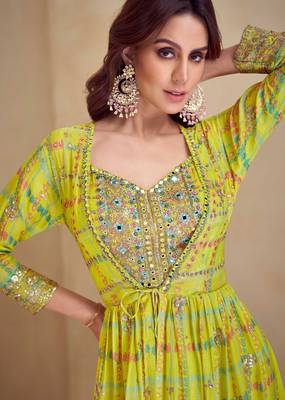Yellow embroidered & digital print chinnon silk blouse palazzo suit with jacket-free size stitching (size upto 42") 2