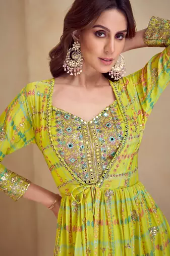 Yellow embroidered & digital print chinnon silk blouse palazzo suit with jacket-free size stitching (size upto 42")