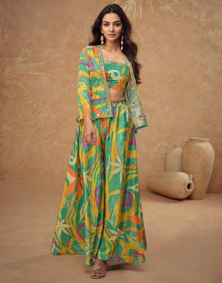 Multicolor embroidered & digital print chinnon silk blouse palazzo suit with jacket-free size stitching (size upto 42") 1