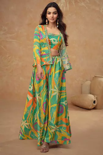 Multicolor embroidered & digital print chinnon silk blouse palazzo suit with jacket-free size stitching (size upto 42")