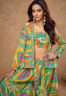Multicolor embroidered & digital print chinnon silk blouse palazzo suit with jacket-free size stitching (size upto 42") 2