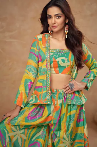 Multicolor embroidered & digital print chinnon silk blouse palazzo suit with jacket-free size stitching (size upto 42")