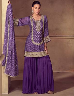 Purple embroidery sequins work & digital print chinnon straight palazzo suit - free size stitching (size upto 42") 1