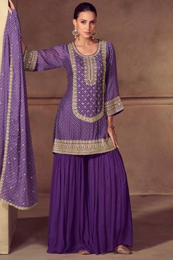 Purple embroidery sequins work & digital print chinnon straight palazzo suit - free size stitching (size upto 42")