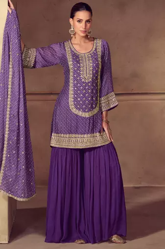 Purple embroidery sequins work & digital print chinnon straight palazzo suit - free size stitching (size upto 42")