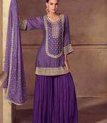 Purple embroidery sequins work & digital print chinnon straight palazzo suit - free size stitching (size upto 42")