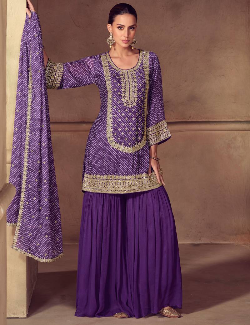 Purple embroidery sequins work & digital print chinnon straight palazzo suit - free size stitching (size upto 42")