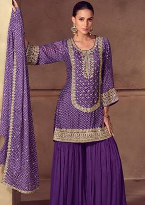 Purple embroidery sequins work & digital print chinnon straight palazzo suit - free size stitching (size upto 42") 2
