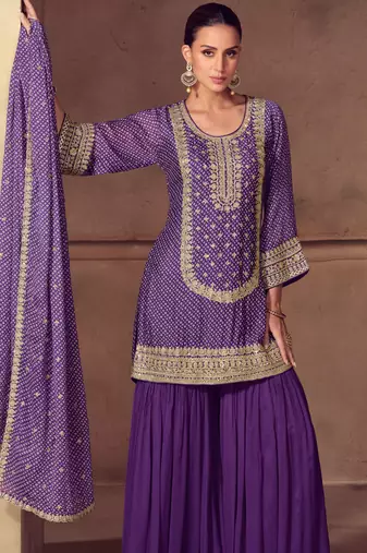 Purple embroidery sequins work & digital print chinnon straight palazzo suit - free size stitching (size upto 42")