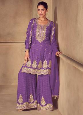 Purple embroidery sequins work & digital print chinnon straight palazzo suit - free size stitching (size upto 42") 1