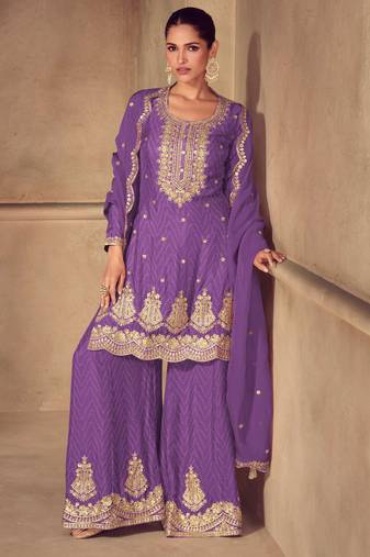 Purple embroidery sequins work & digital print chinnon straight palazzo suit - free size stitching (size upto 42")